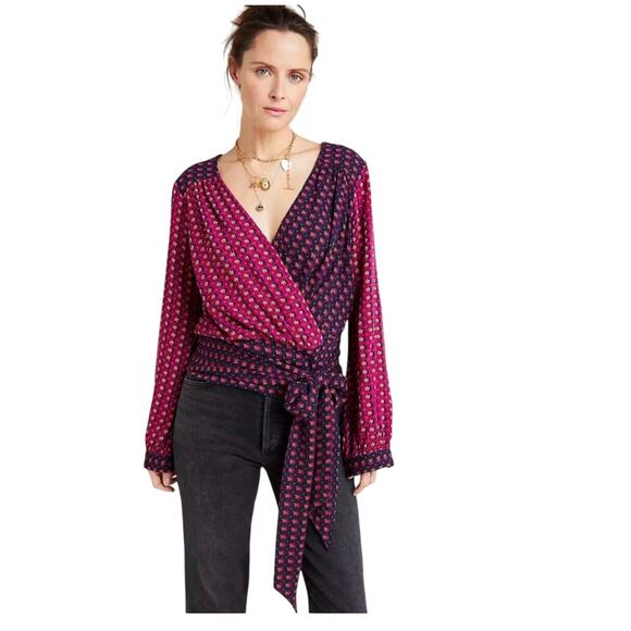 ANTHROPOLOGIE MAEVE BLOUSE WRAP LISA PUFFED SLEEVES SZ 2 FLORAL AESTHETIC V NECK - Picture 10 of 16